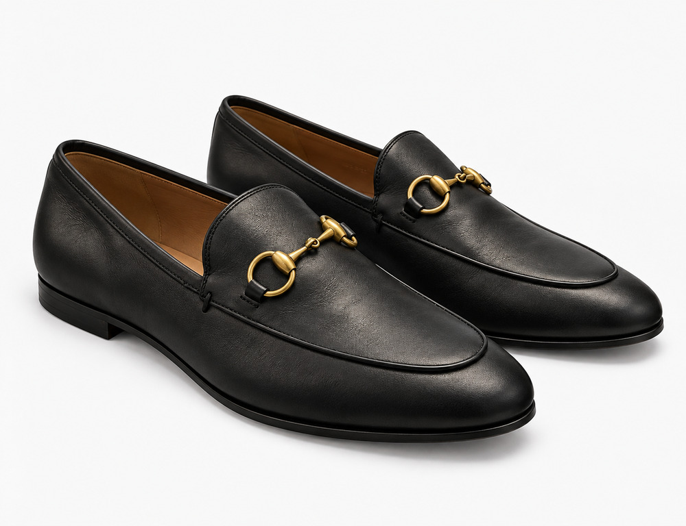 Gucci Jordaan Black Leather GG Horsebit Loafers Shoes Size 37 Italy